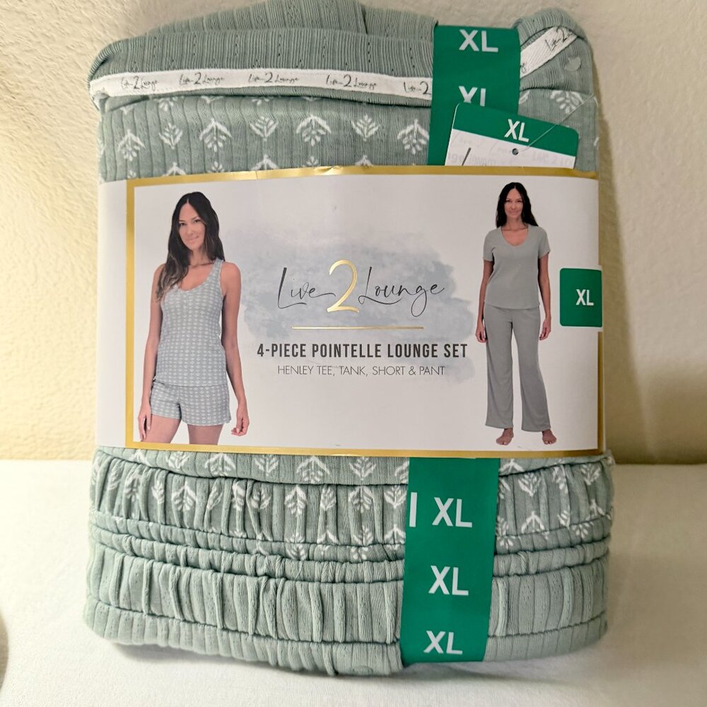 Live 2 Lounge Women's 4 Piece Pointelle Loungewear Pajamas Set Size XL Green NEW